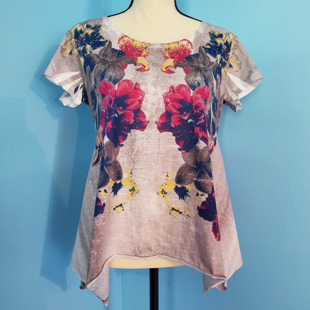 Style & Co Petite Floral Symmetrical Lace Back Studded/Jeweled Shirt